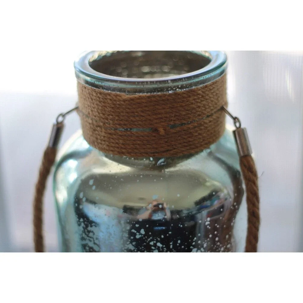 Mark Feldstein Mercury Teal Glass Canister Jar Vase Candle Holder Jute Handle